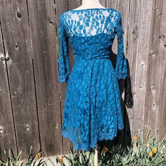 Free People Sheer Blue Lace Floral Dress - Size 0 - Picture 8 of 15